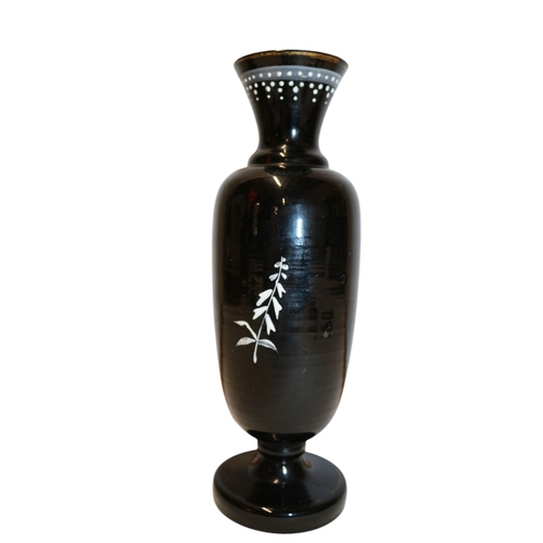 32 - Antique Victorian Mourning Black Opaline Art Glass Vase with Hand Painted White Enamel Flowers and B... 