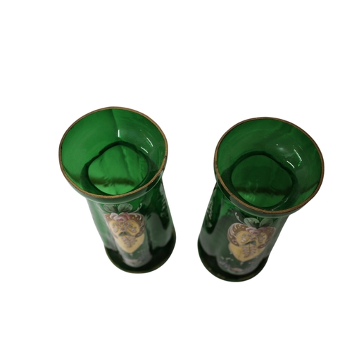 34 - Pair of Vintage Possibly Antique Bohemian Green Glass Vases Hand Painted Floral Design, 27cm tall