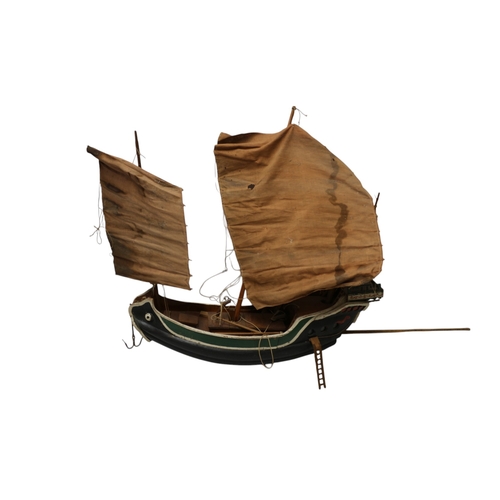 57 - Vintage Scratch Built Chinese Wooden Junk, Hand Painted. Hull 63cm, 66cm tall