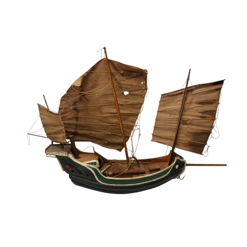 57 - Vintage Scratch Built Chinese Wooden Junk, Hand Painted. Hull 63cm, 66cm tall