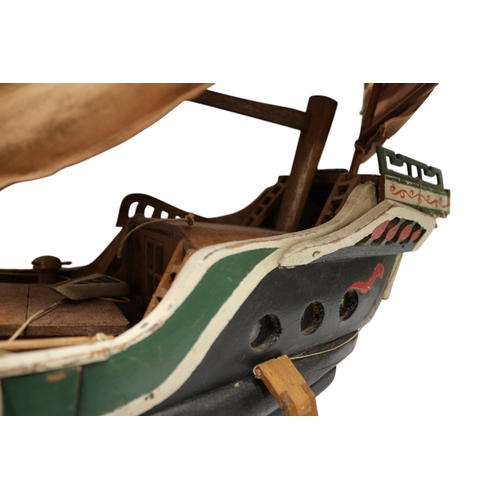 57 - Vintage Scratch Built Chinese Wooden Junk, Hand Painted. Hull 63cm, 66cm tall