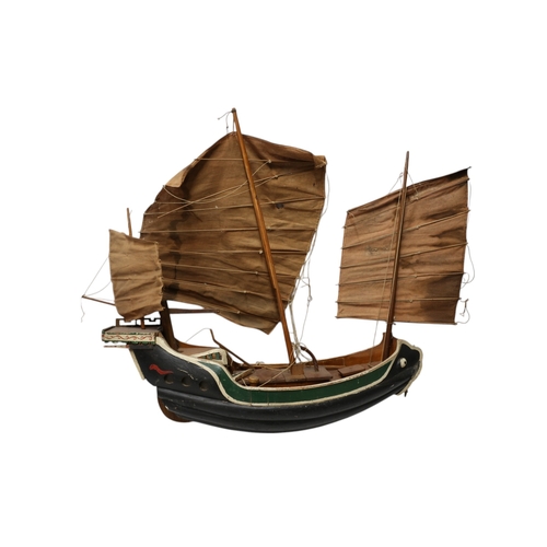 57 - Vintage Scratch Built Chinese Wooden Junk, Hand Painted. Hull 63cm, 66cm tall