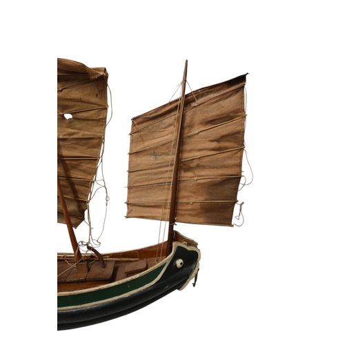 57 - Vintage Scratch Built Chinese Wooden Junk, Hand Painted. Hull 63cm, 66cm tall