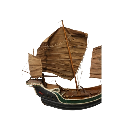 57 - Vintage Scratch Built Chinese Wooden Junk, Hand Painted. Hull 63cm, 66cm tall