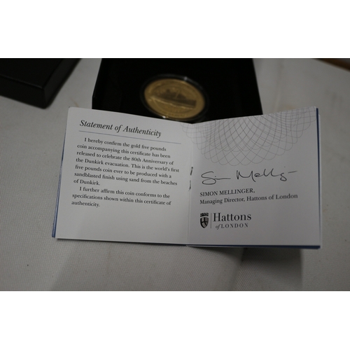 31 - 22ct/916 Hattons of London 2020 Dunkirk 80th Anniversary, £5 Coin Gold Proof, 40g. Boxed with Bookle... 