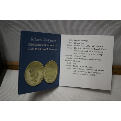 34 - 22ct/916 Hattons of London 2020 Dunkirk 80th Double Sovereign, Gold Proof, 16g. Boxed with Booklet