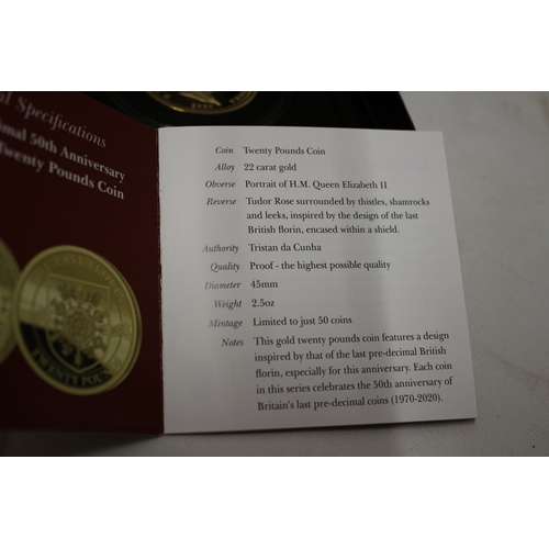 35 - 22ct/916 Hattons of London, 2020 50th Anniversary £20 Coin, pre Decimal, 2.5oz (70g), Gold Proof. Bo... 