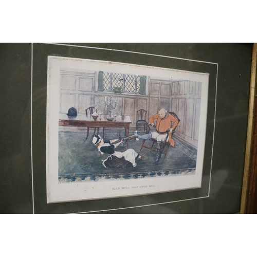 45 - 3x Coloured Prints. The Hunting Morn, All's Well That Ends Well. 1 Large Hunting Scene, 49x43cm