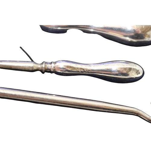 7 - Silver Handled Button Hooks and Shoe Horn in Case, Silver Hallmarked. Total 77.98g