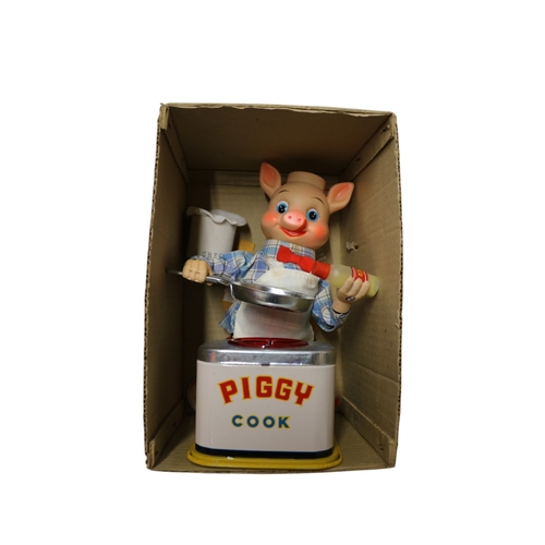 26 - Yonezawa 1950 / 60's Piggy Cook Battery Operated Toy in Original Box 27cm Tall