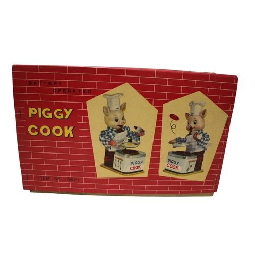 26 - Yonezawa 1950 / 60's Piggy Cook Battery Operated Toy in Original Box 27cm Tall