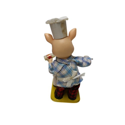 26 - Yonezawa 1950 / 60's Piggy Cook Battery Operated Toy in Original Box 27cm Tall