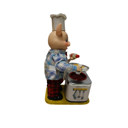 26 - Yonezawa 1950 / 60's Piggy Cook Battery Operated Toy in Original Box 27cm Tall