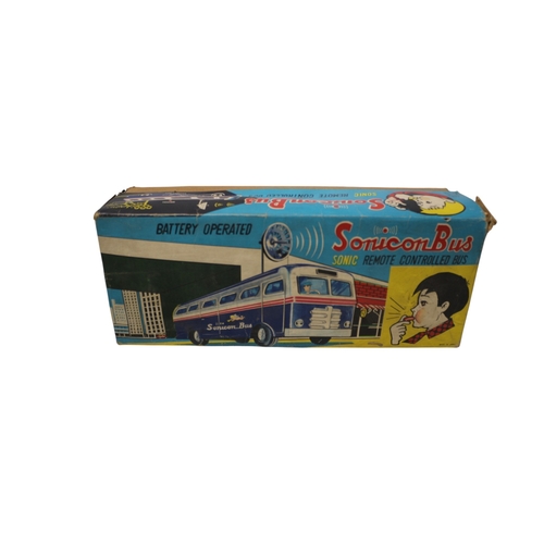 28 - Masudaya Tin Sonicon Bus Battery Operated Remote Controlled with Whistle in Original Box