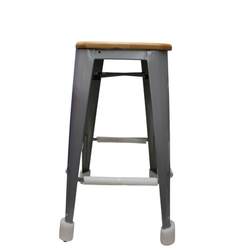 32 - 4 x Silver Coloured with Pine Seats Bar Stools, 75cm Tall