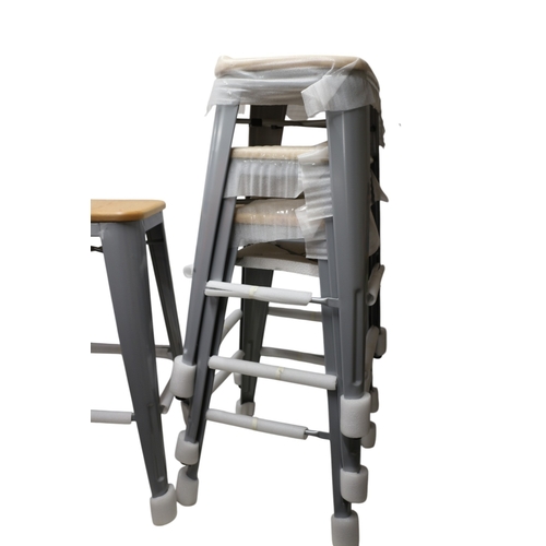 32 - 4 x Silver Coloured with Pine Seats Bar Stools, 75cm Tall