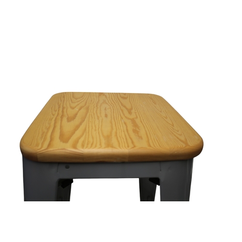 32 - 4 x Silver Coloured with Pine Seats Bar Stools, 75cm Tall