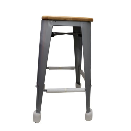 32 - 4 x Silver Coloured with Pine Seats Bar Stools, 75cm Tall