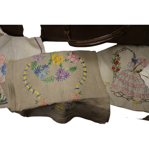 39 - Suitcase of Vintage Fabric, inc Embroidered Table Cloths, Napkins and Place Mats