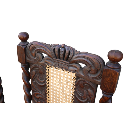 40 - 6 x Antique Barley Twist Chairs, Oak, With Woven Cane Seat and Back Panel, Unusual Crown Design to t... 