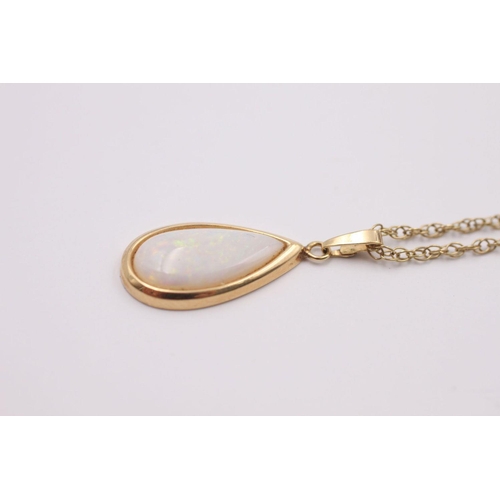 107 - 9ct gold opal teardrop pendant necklace 3 grams gross