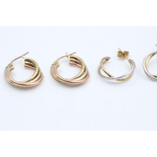 123 - 2 x 9ct Gold hoop earrings inc. tri-tone, twisted 3.6 grams gross