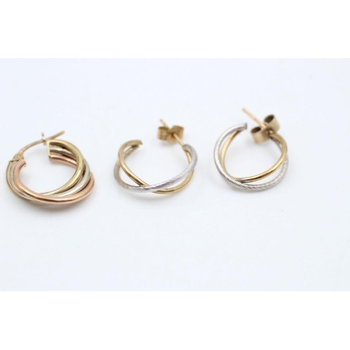 123 - 2 x 9ct Gold hoop earrings inc. tri-tone, twisted 3.6 grams gross