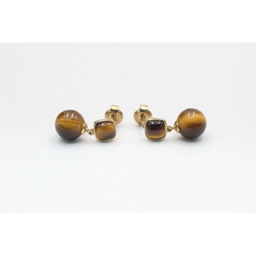 147 - vintage 9ct gold tigers eye drop earrings 2.6 grams gross