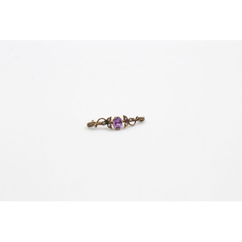 15 - 9ct gold amethyst and pearl antique bar brooch 2 grams gross