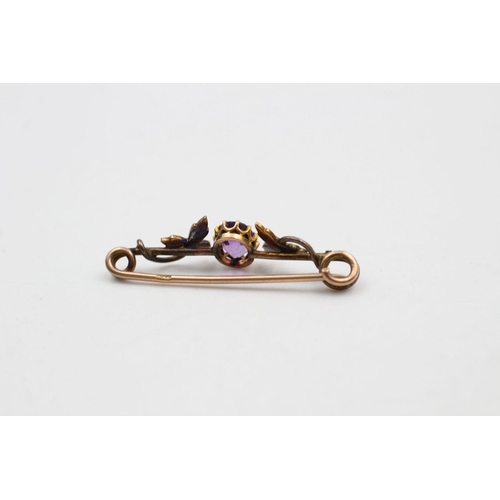 15 - 9ct gold amethyst and pearl antique bar brooch 2 grams gross