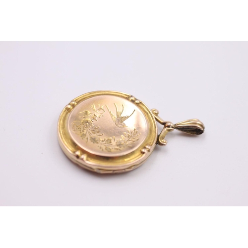 164 - 9ct gold vintage bird & floral etched locket 4.2 grams gross