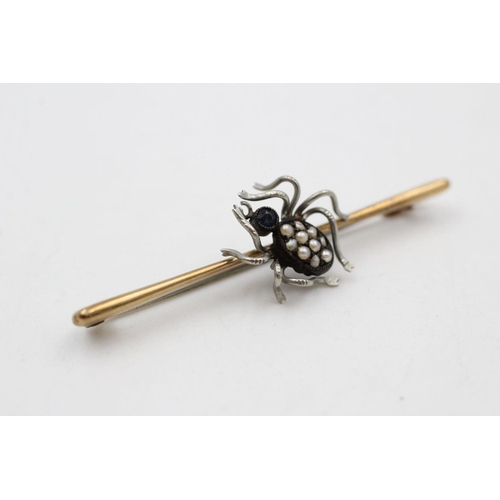 205 - 9ct Gold bar true vintage spider brooch w/ seed pearl 2.6 grams gross