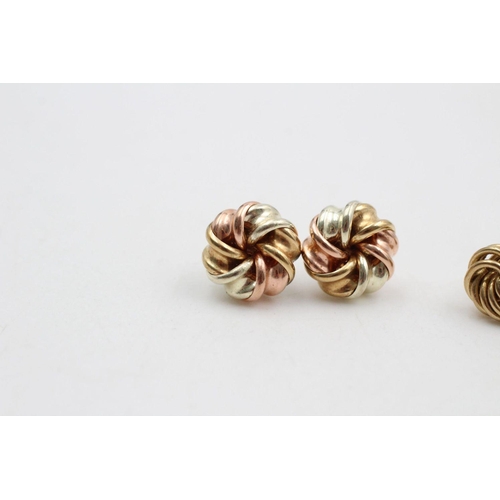 238 - 2 x 9ct Gold earrings inc. knot, tri-tone 2.4 grams gross