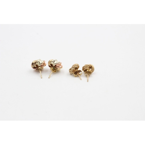 238 - 2 x 9ct Gold earrings inc. knot, tri-tone 2.4 grams gross