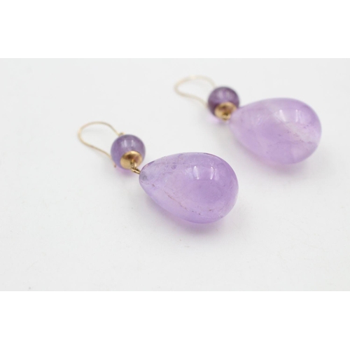 290 - 9ct gold amethyst bead drop earrings 15.3 grams gross