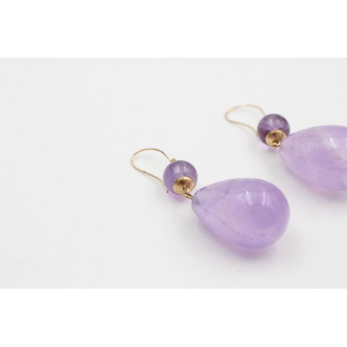 290 - 9ct gold amethyst bead drop earrings 15.3 grams gross