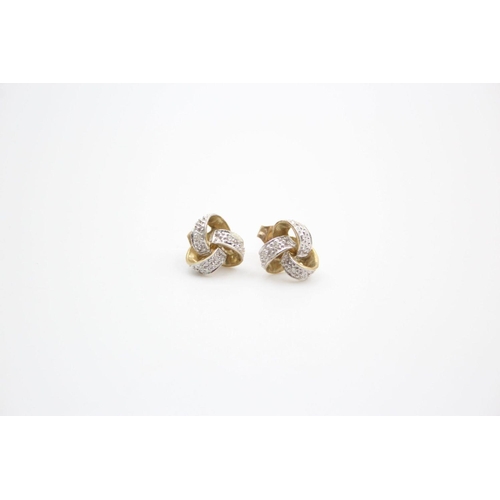 39 - 2 x 9ct gold diamond knot and diamond and sapphire drop earrings 2.4 grams gross