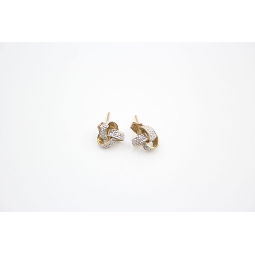 39 - 2 x 9ct gold diamond knot and diamond and sapphire drop earrings 2.4 grams gross