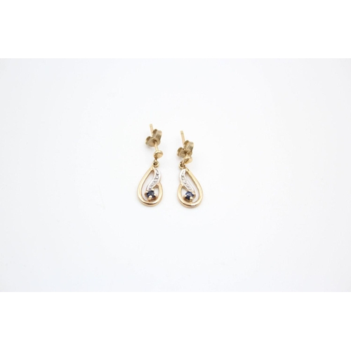 39 - 2 x 9ct gold diamond knot and diamond and sapphire drop earrings 2.4 grams gross