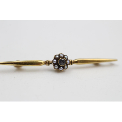 398 - 15ct gold antique sapphire & seed pearl halo bar brooch 3.8 grams gross