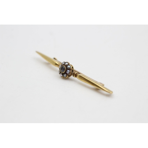 398 - 15ct gold antique sapphire & seed pearl halo bar brooch 3.8 grams gross