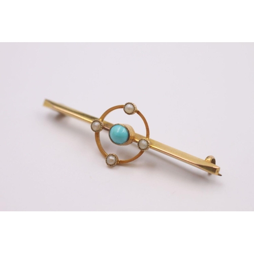 50 - antique 9ct gold turquoise & seed pearl brooch 1.5 grams gross