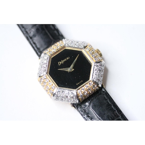 100 - LADIES 18CT DELANEAU DIAMOND BEZEL QUARTZ WATCH, octagonal black dial, octagonal diamond bezel, 27mm... 