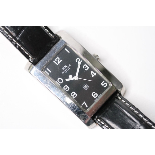 133 - GLYCINE QUARTZ WRIST WATCH, rectangular black dial with arabic numeral hour markers, 29mm stainless ... 