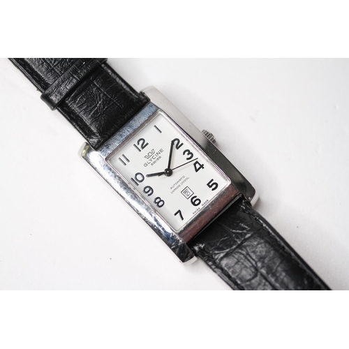 135 - GLYCINE AUTOMATIC WRIST WATCH, rectangular white dial with arabic numeral hour markers, date functio... 