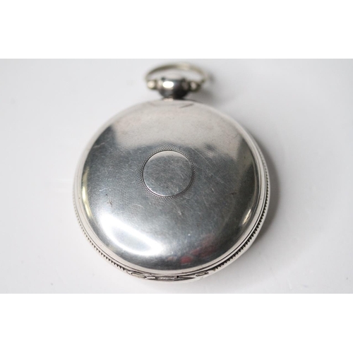139 - VERGE FULL HUNTER SILVER POCKET WATCH , circular white dial with roman numeral hour markers, verge k... 