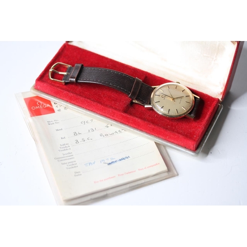14 - VINTAGE 9CT OMEGA GENEVE BOX AND PAPERS 1972, circular champagne dial with baton hour markers, 33mm ... 