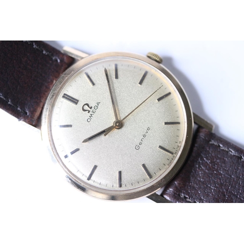 14 - VINTAGE 9CT OMEGA GENEVE BOX AND PAPERS 1972, circular champagne dial with baton hour markers, 33mm ... 