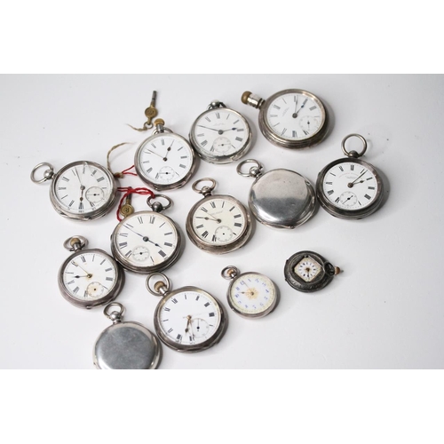 140 - BAG OF 13 SILVER CASE POCKET WATCHES, variety of pocket watches, including full hunters, open hunter... 
