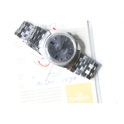 15 - VINTAGE OMEGA SEAMASTER COSMIC WITH PAPERS 1973,circular grey dial with baton hour markers, date fun... 
